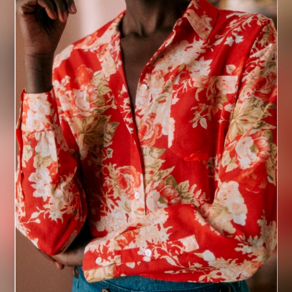 Sezane "Max" Button Down Shirt in Red Floral Size 48 - Picture 2 of 7